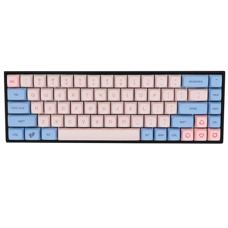 Set of 68 PBT keycaps for a mechanical keyboard in various colours including blue, grey, pink, and yellow.