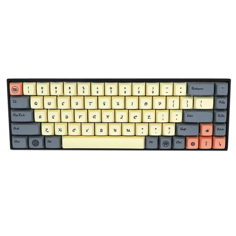 Set of 68 PBT keycaps for a mechanical keyboard in various colours including blue, grey, pink, and yellow.