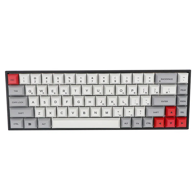 Set of 68 PBT keycaps for a mechanical keyboard in various colours including blue, grey, pink, and yellow.