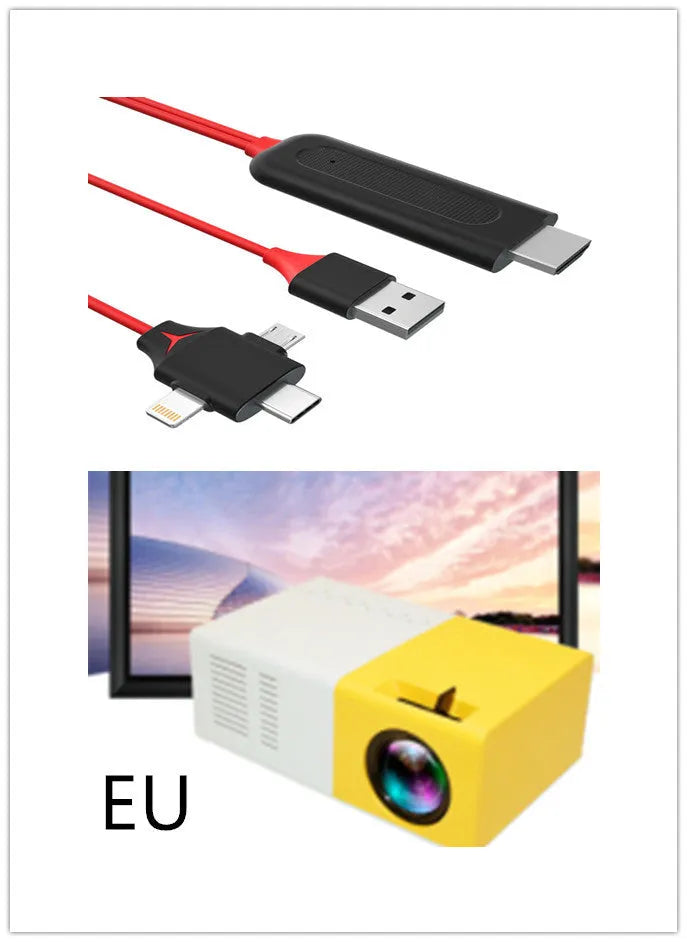 Mini LED projector YG300 in white and yellow, with lens and ventilation grilles, on a table