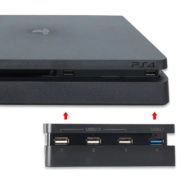 Black PS4 Slim USB hub extender with USB 2.0 and 3.0 ports for console expansion