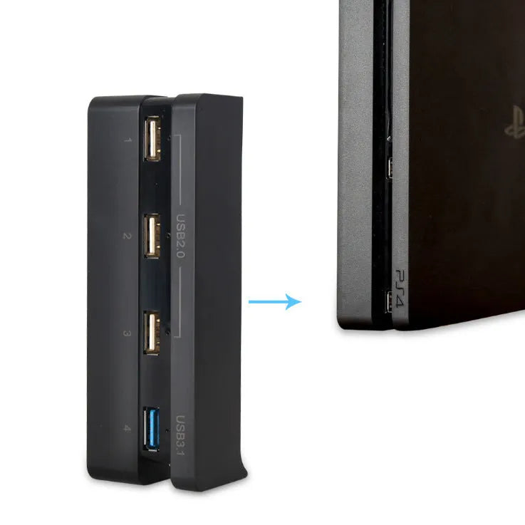 Black PS4 Slim USB hub extender with USB 2.0 and 3.0 ports for console expansion