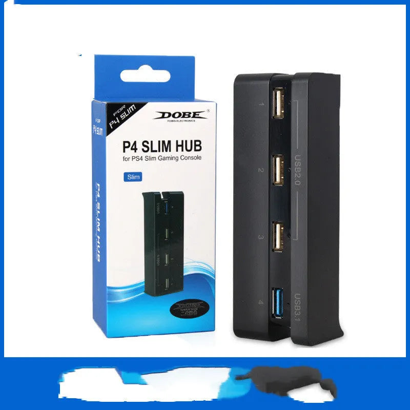 Black PS4 Slim USB hub extender with USB 2.0 and 3.0 ports for console expansion