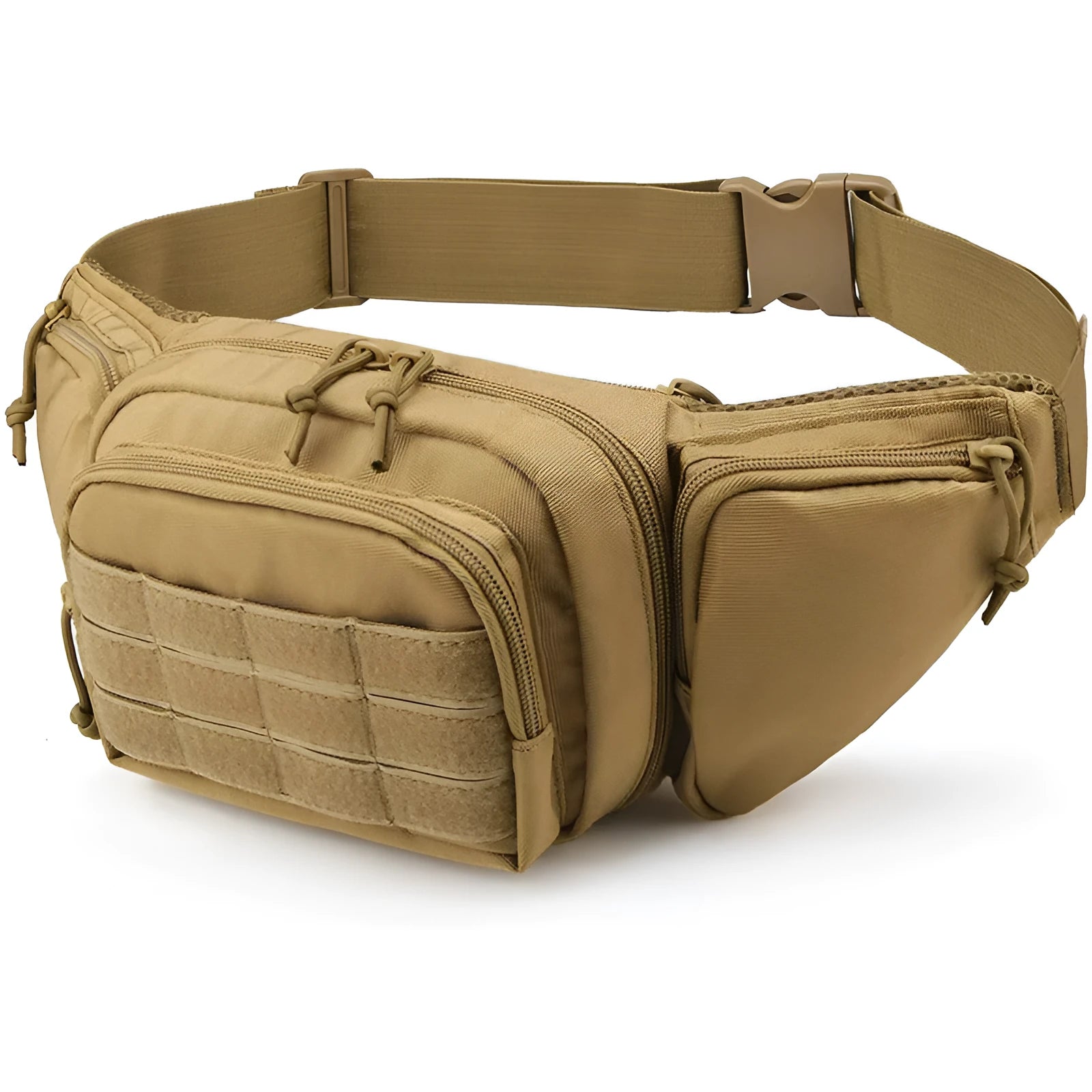 Men's tactical waist bag in black showing front storage compartments