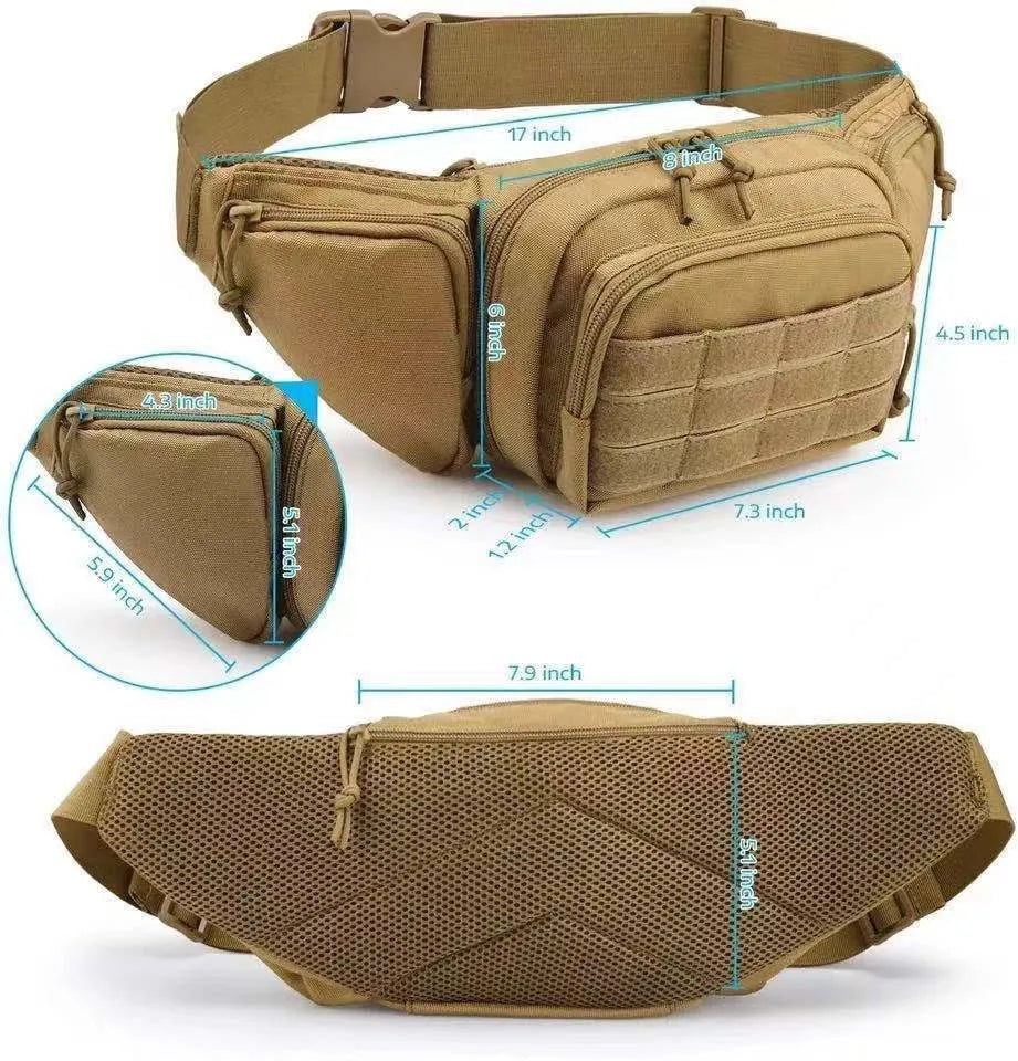 Men's tactical waist bag in black showing front storage compartments