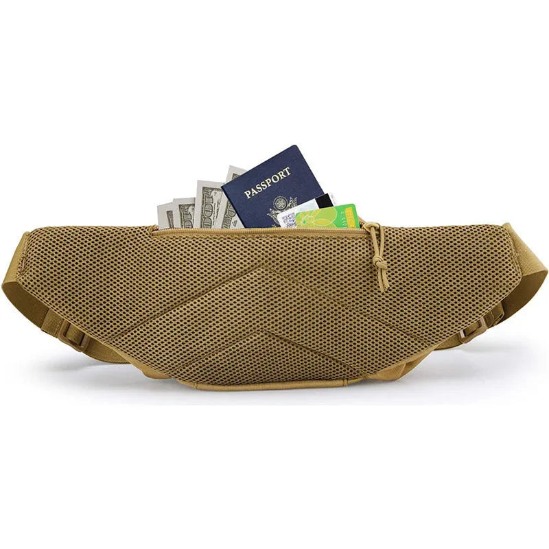 Men's tactical waist bag in black showing front storage compartments