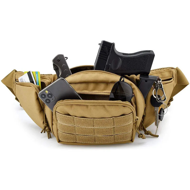 Men's tactical waist bag in black showing front storage compartments