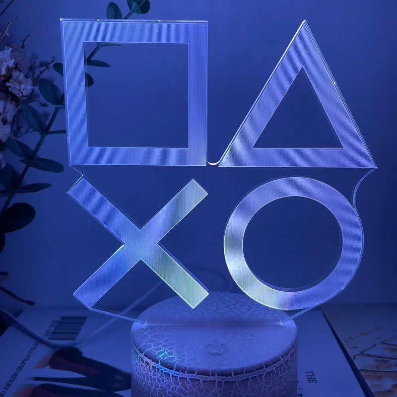 Gamepad-shaped LED desk lamp with acrylic shade on ABS base, showing touch controls and USB cable