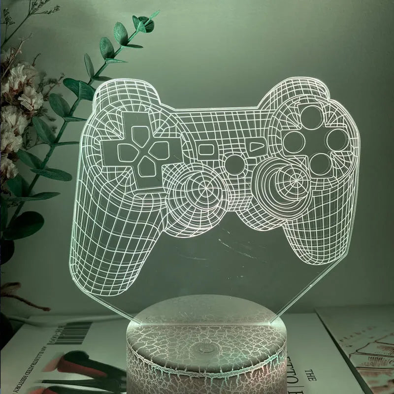 Gamepad-shaped LED desk lamp with acrylic shade on ABS base, showing touch controls and USB cable