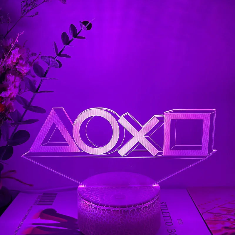 Gamepad-shaped LED desk lamp with acrylic shade on ABS base, showing touch controls and USB cable