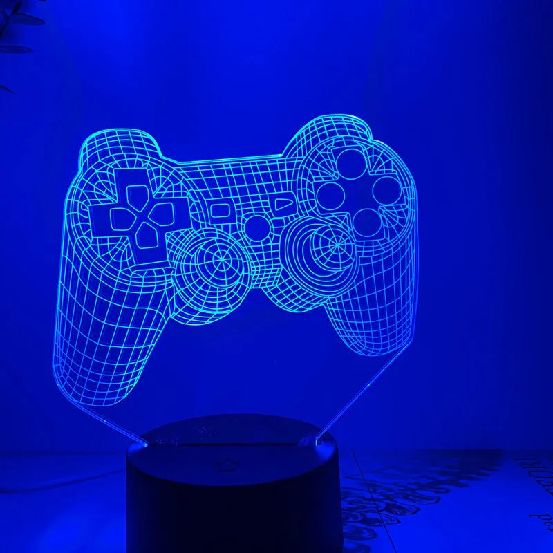 Gamepad-shaped LED desk lamp with acrylic shade on ABS base, showing touch controls and USB cable
