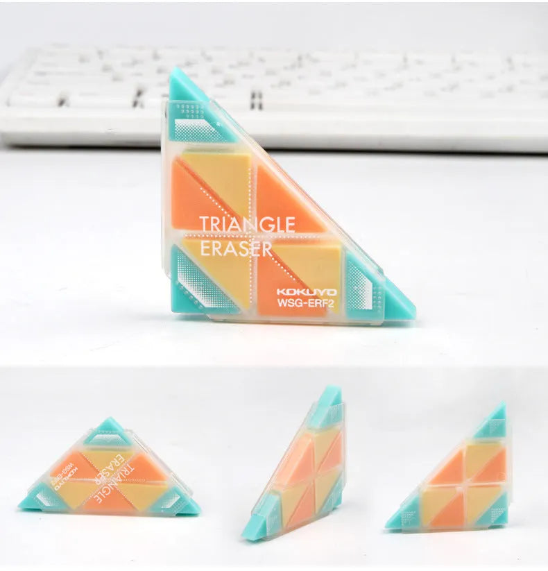 Blue triangular PVC rubber eraser for detail work with sharp corners.