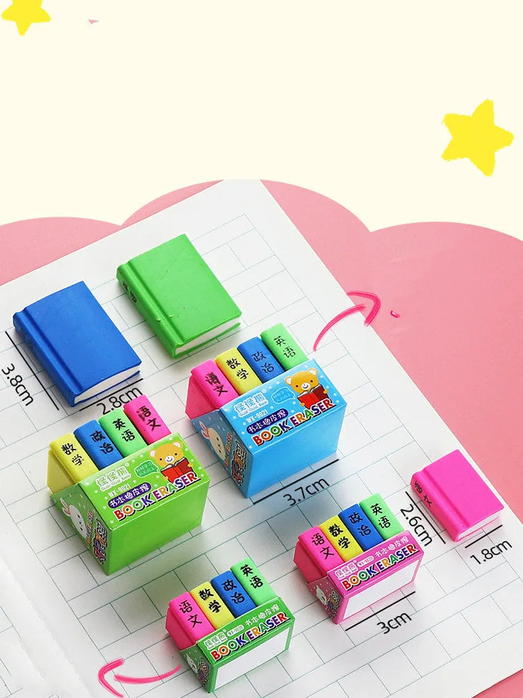 Set of four colourful cartoon book-shaped erasers for student prizes and gifts.