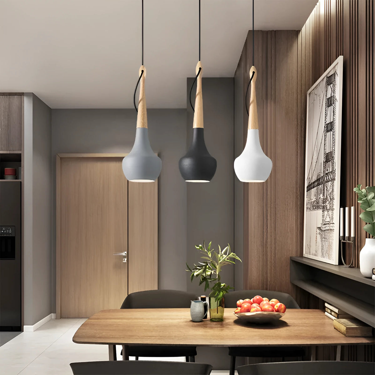 Postmodern minimalist dining room chandelier, adjustable 1.5 m height, black grey white, 110 × 350 mm, E27 LED