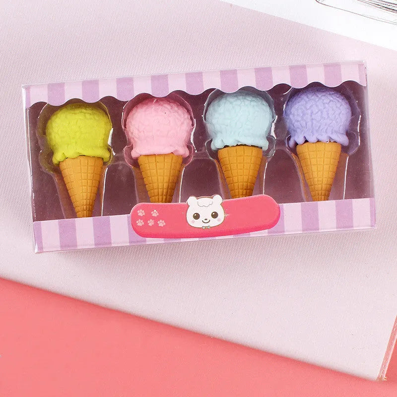 12 cartoon erasers in cone, ice cream, lollipop and donut shapes for students