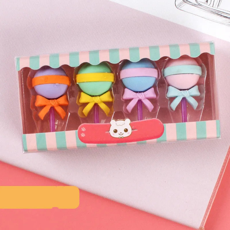 12 cartoon erasers in cone, ice cream, lollipop and donut shapes for students