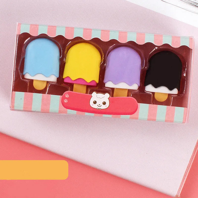 12 cartoon erasers in cone, ice cream, lollipop and donut shapes for students