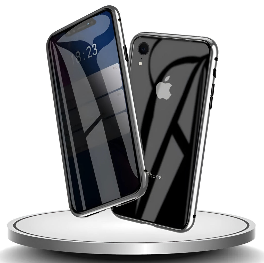 A closed clamshell phone case in blue glass with a geometric pattern, next to an iPhone showing the narrow viewing angle when open.