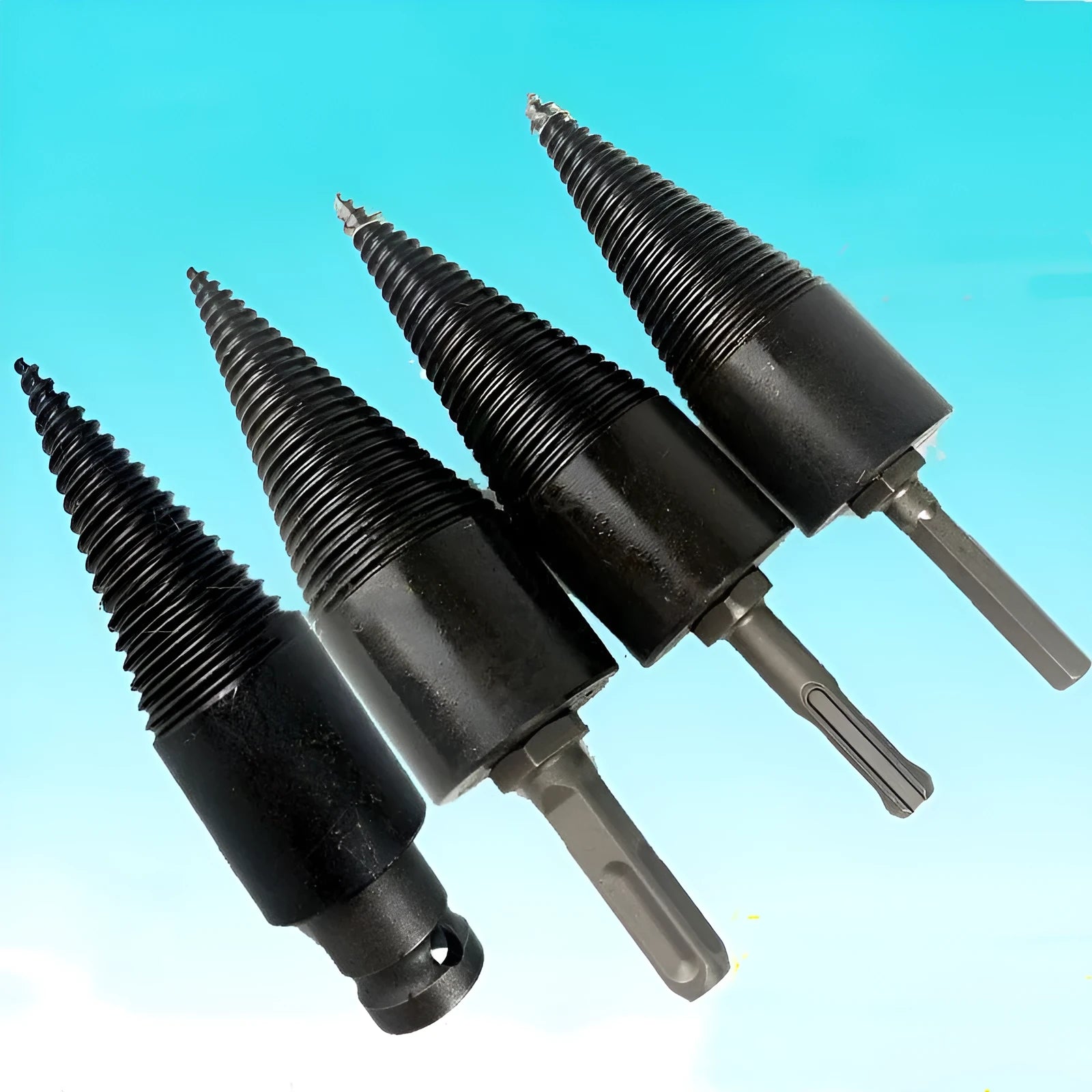 Hardened steel hexagonal firewood-breaking drill bit for electric drills in 32mm and 42mm sizes.