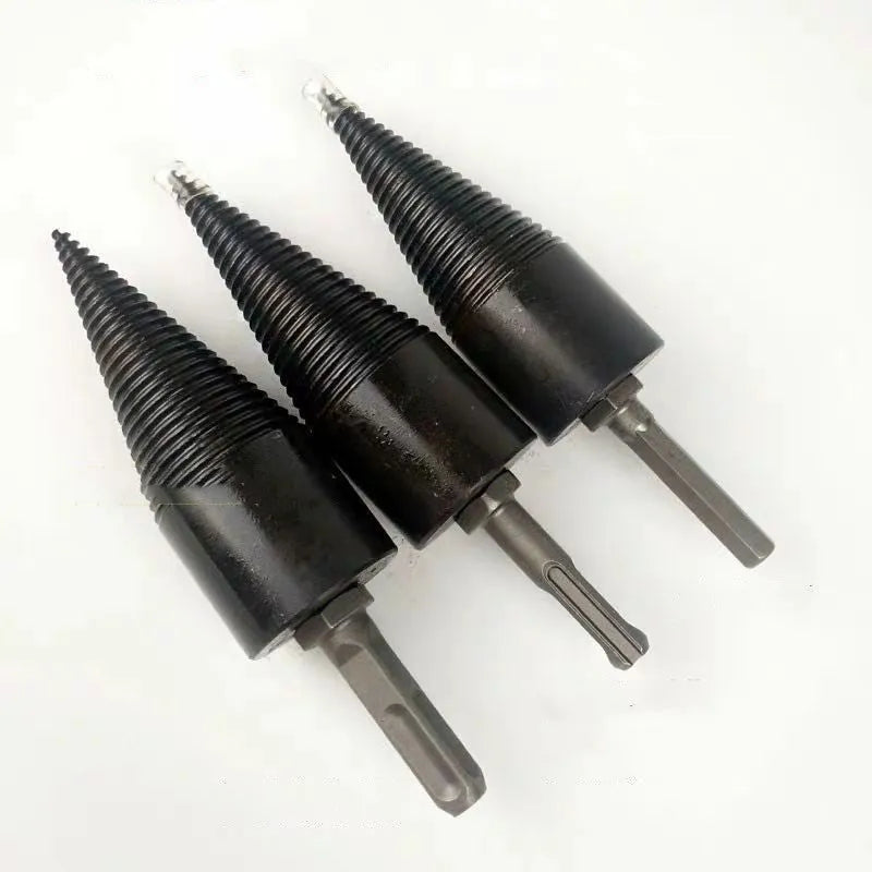 Hardened steel hexagonal firewood-breaking drill bit for electric drills in 32mm and 42mm sizes.