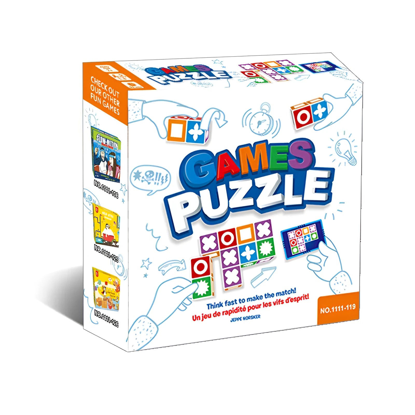 Space logical thinking board game showing 20 colourful building blocks and 60 pattern cards in a 21x21x6cm colour box