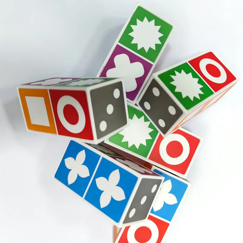 Space logical thinking board game showing 20 colourful building blocks and 60 pattern cards in a 21x21x6cm colour box