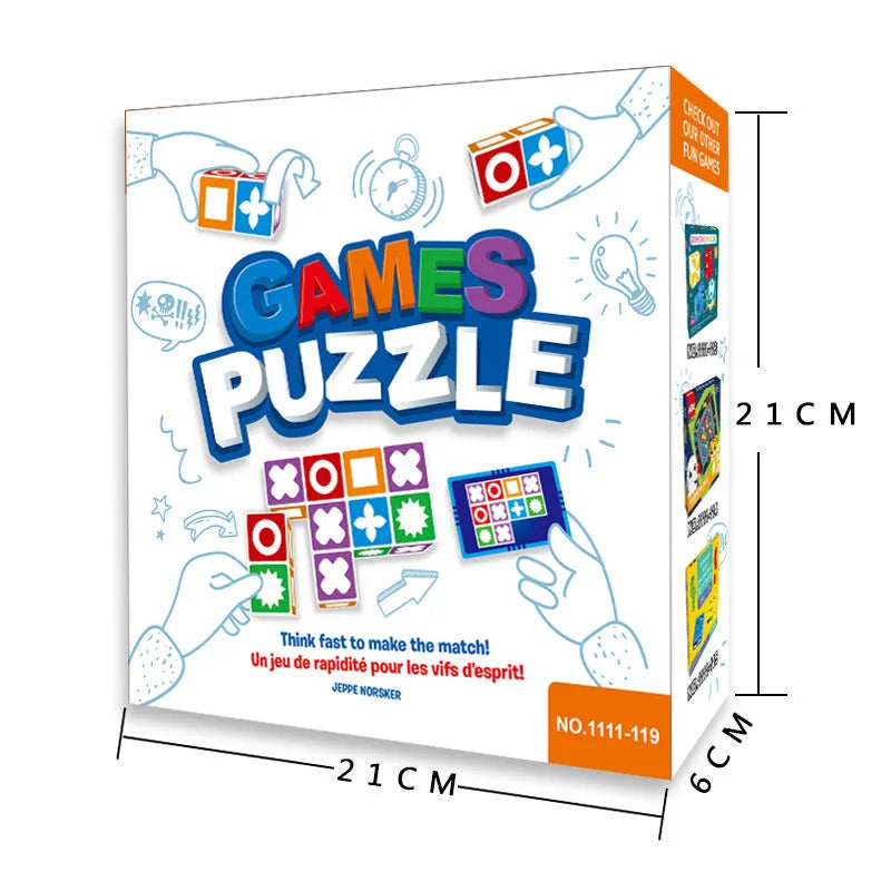 Space logical thinking board game showing 20 colourful building blocks and 60 pattern cards in a 21x21x6cm colour box