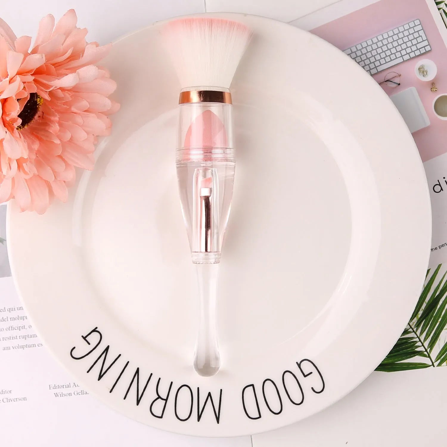3 in 1 makeup brush with artificial fibre bristles and acrylic handle, 16cm length, pink colour option