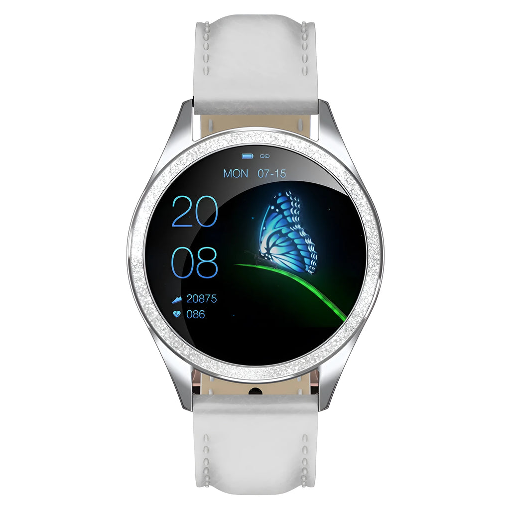 Women's silver stainless steel smart bracelet watch with touch screen displaying menstrual cycle tracking