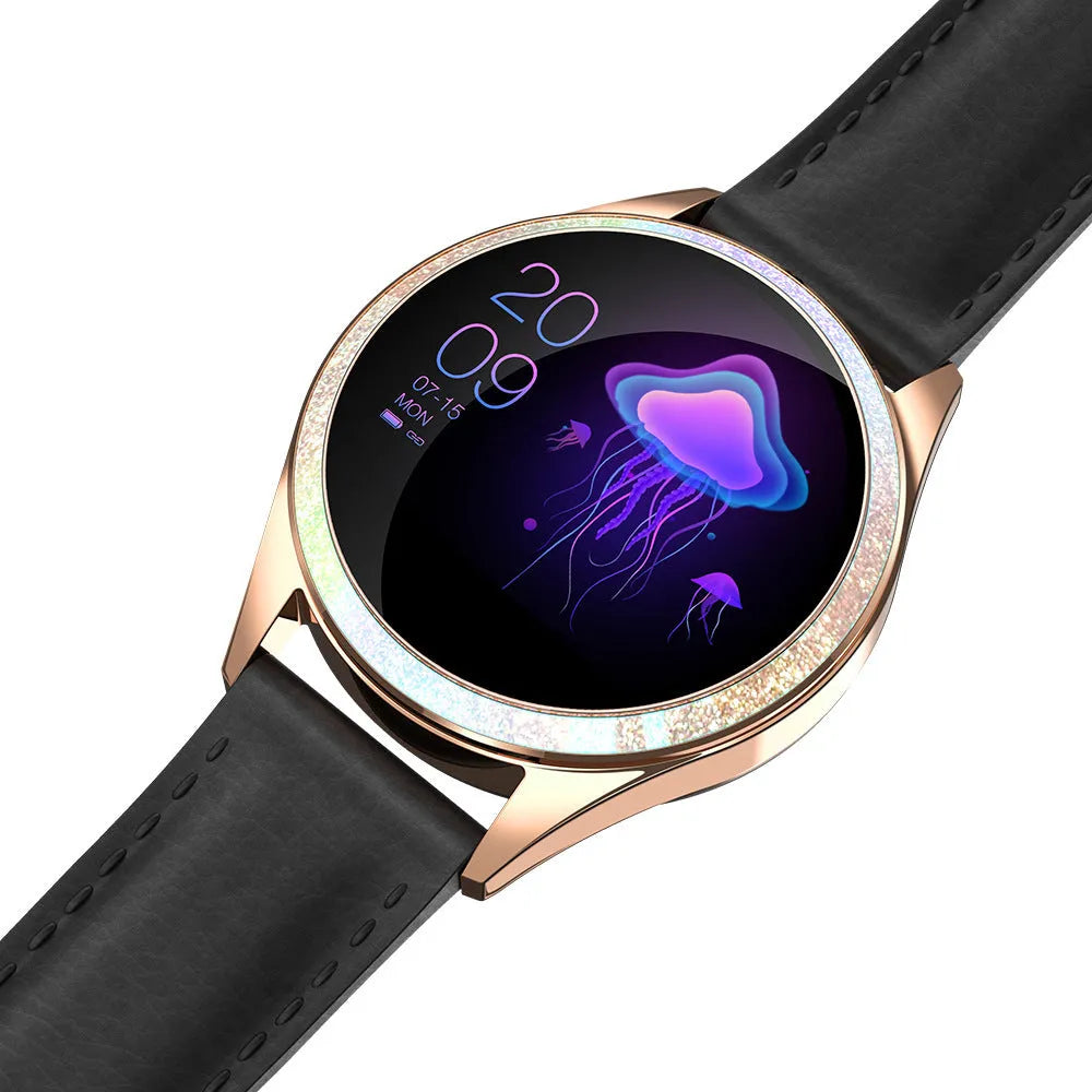 Women's silver stainless steel smart bracelet watch with touch screen displaying menstrual cycle tracking