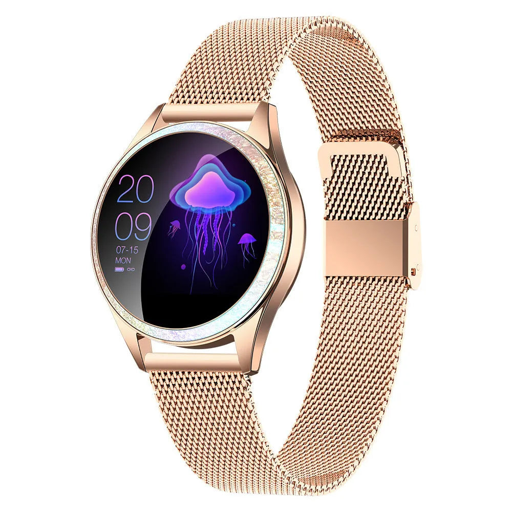 Women's silver stainless steel smart bracelet watch with touch screen displaying menstrual cycle tracking