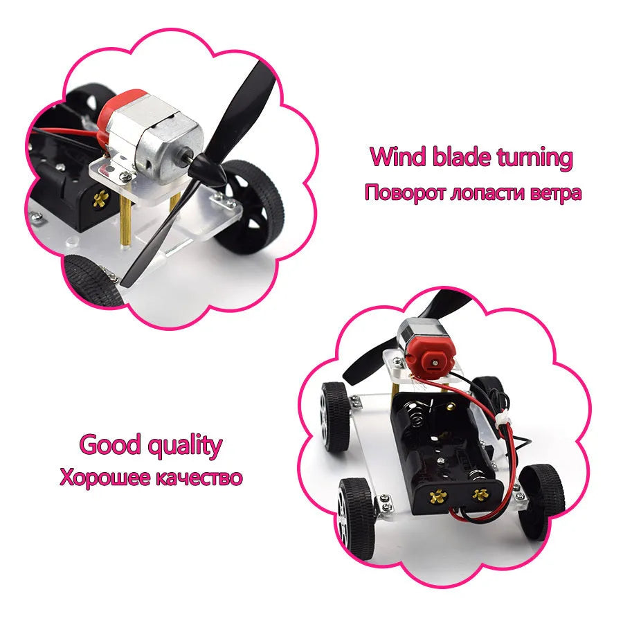 Wind car DIY electronic kit science toy with acrylic, metal, and plastic components for educational physics experiments