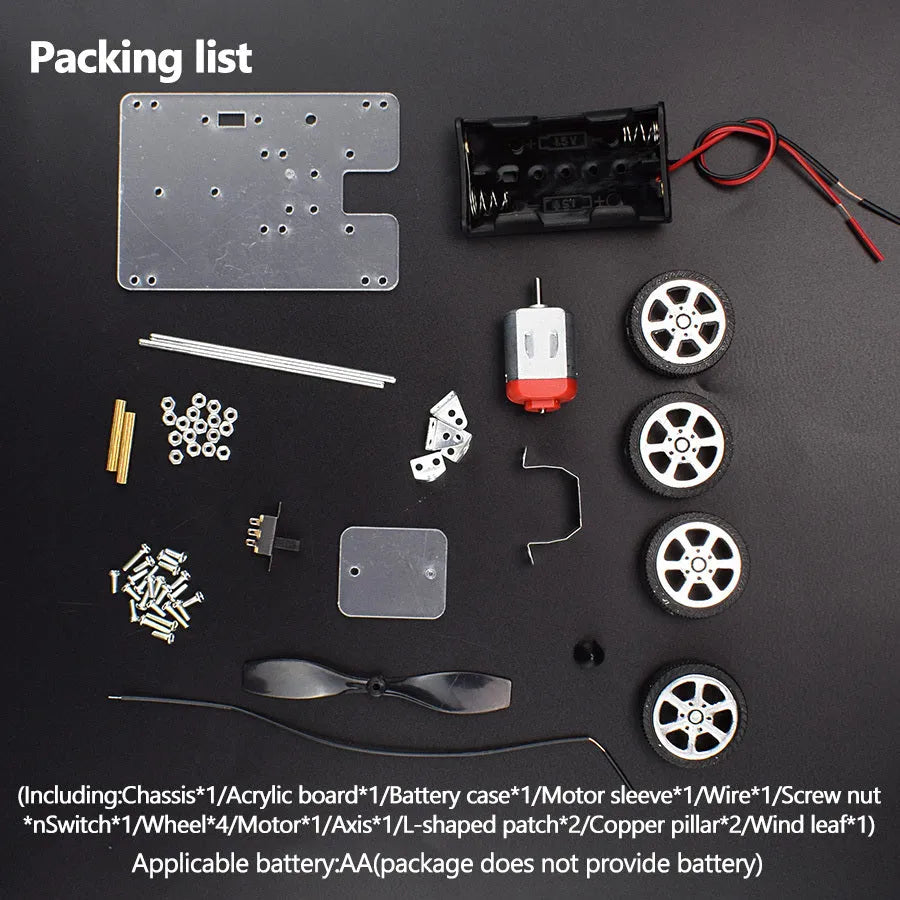 Wind car DIY electronic kit science toy with acrylic, metal, and plastic components for educational physics experiments