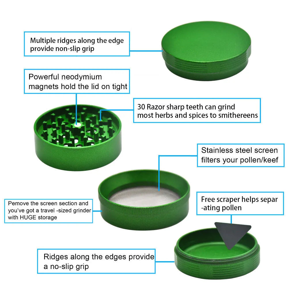 Four layer aviation aluminium herb grinder with diamond teeth in choice of colours.