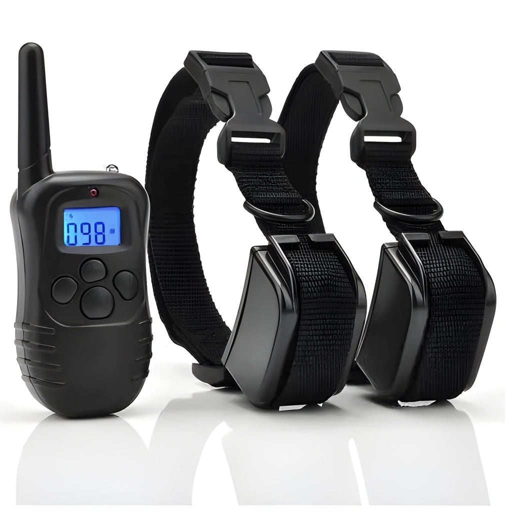 Waterproof remote dog training device in black ABS plastic with receiver collar and charging cable