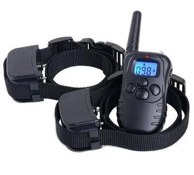 Waterproof remote dog training device in black ABS plastic with receiver collar and charging cable