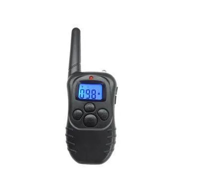 Waterproof remote dog training device in black ABS plastic with receiver collar and charging cable
