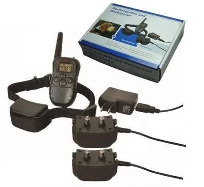 Waterproof remote dog training device in black ABS plastic with receiver collar and charging cable
