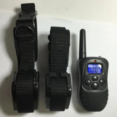 Waterproof remote dog training device in black ABS plastic with receiver collar and charging cable