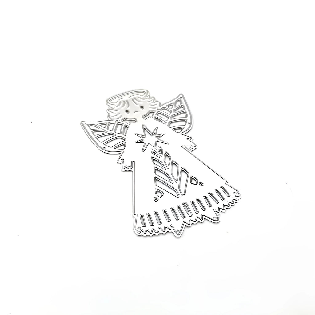 White carbon steel knife mould with an angel figure design for card embossing, 8cm by 6cm.