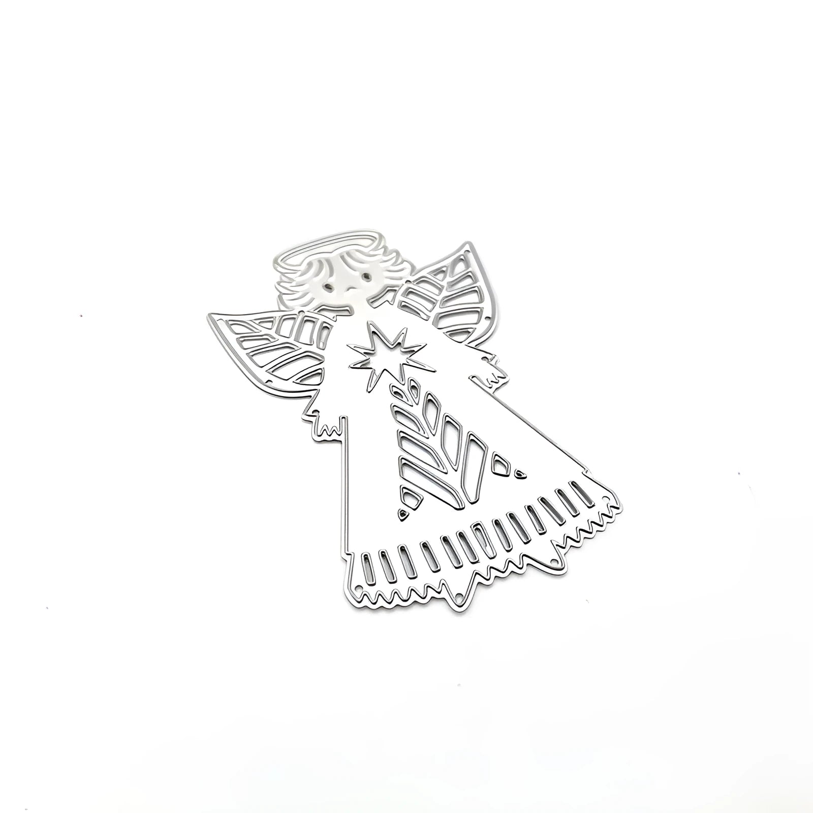 White carbon steel knife mould with an angel figure design for card embossing, 8cm by 6cm.