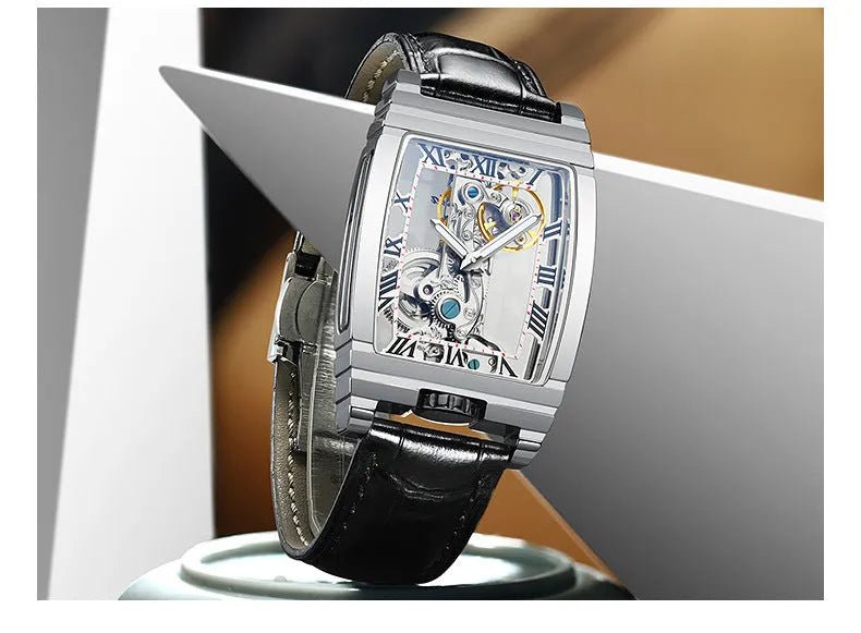 Daystar square stainless steel mechanical watch with leather strap on wrist, showing white dial