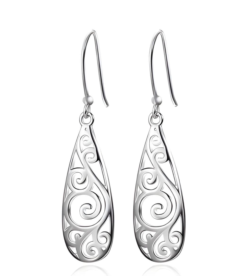 White carved drop shape stud earrings in platinum colour made from environmentally friendly copper