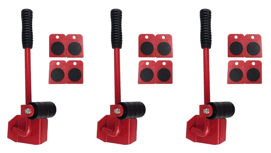 Furniture moving lifter tool set with red pry bar and four square pulleys, 10 x 8 cm, 150 kg capacity