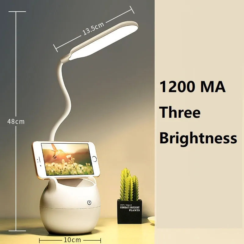 Rechargeable LED clip desk lamp with adjustable brightness settings and dual charging options