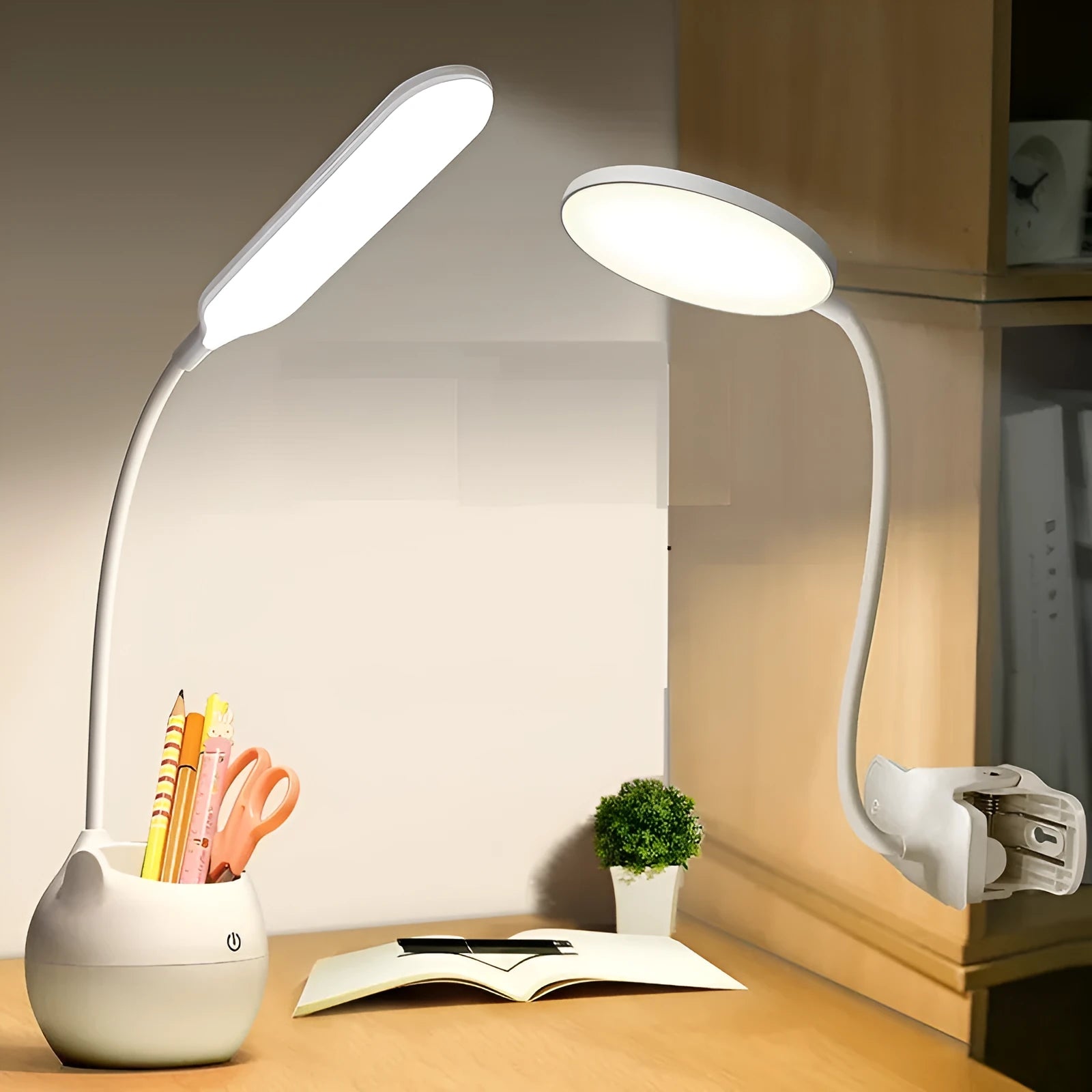 Rechargeable LED clip desk lamp with adjustable brightness settings and dual charging options