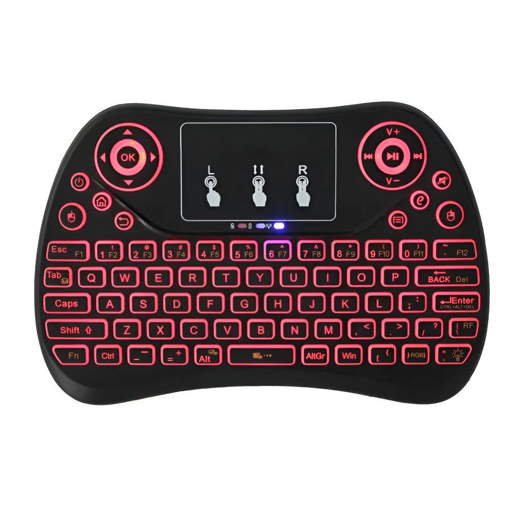 Mini wireless keyboard with seven-colour backlit keys showing English layout