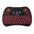 Mini wireless keyboard with seven-colour backlit keys showing English layout