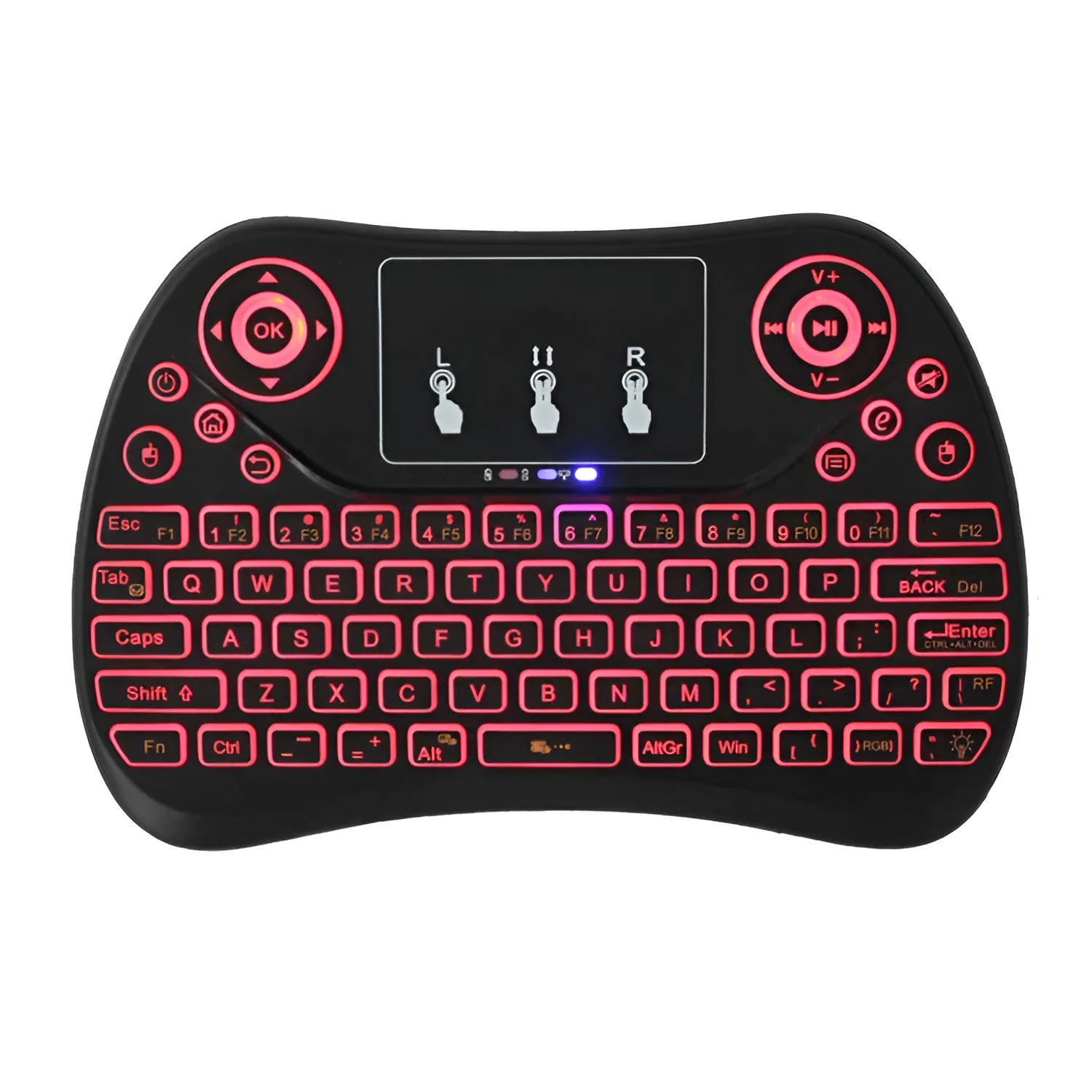 Mini wireless keyboard with seven-colour backlit keys showing English layout
