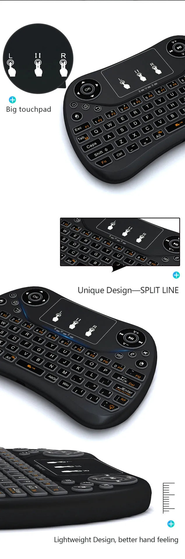 Mini wireless keyboard with seven-colour backlit keys showing English layout